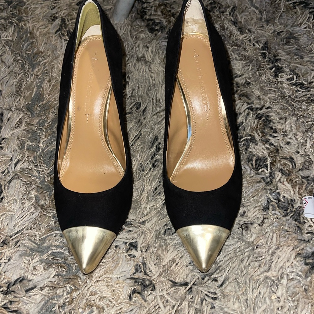 Banana Republic black suede heels with metallic gold toes.